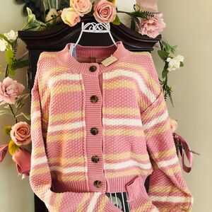 Just in NWT Free People Women’s Lila Stripe Cardigan in Pink Combo